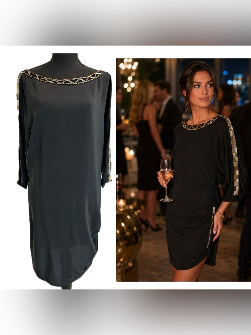 BCBGMAXAZRIA Black 100% silk beaded Embellished Boatneck shift Cocktail Dress S